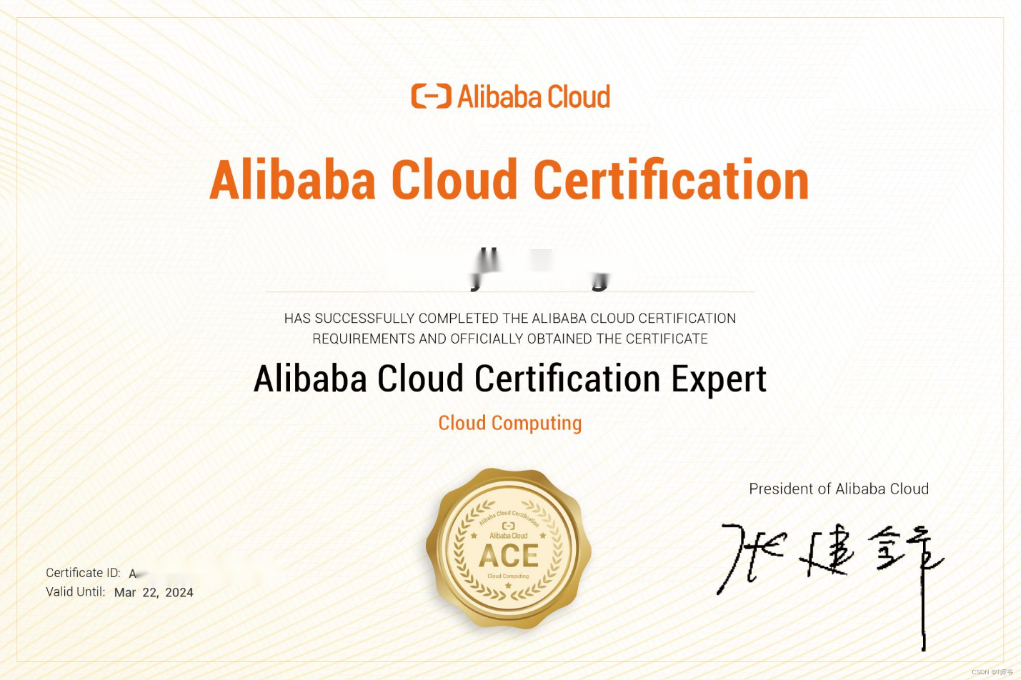 阿里云云计算架构师ACE认证证书样张