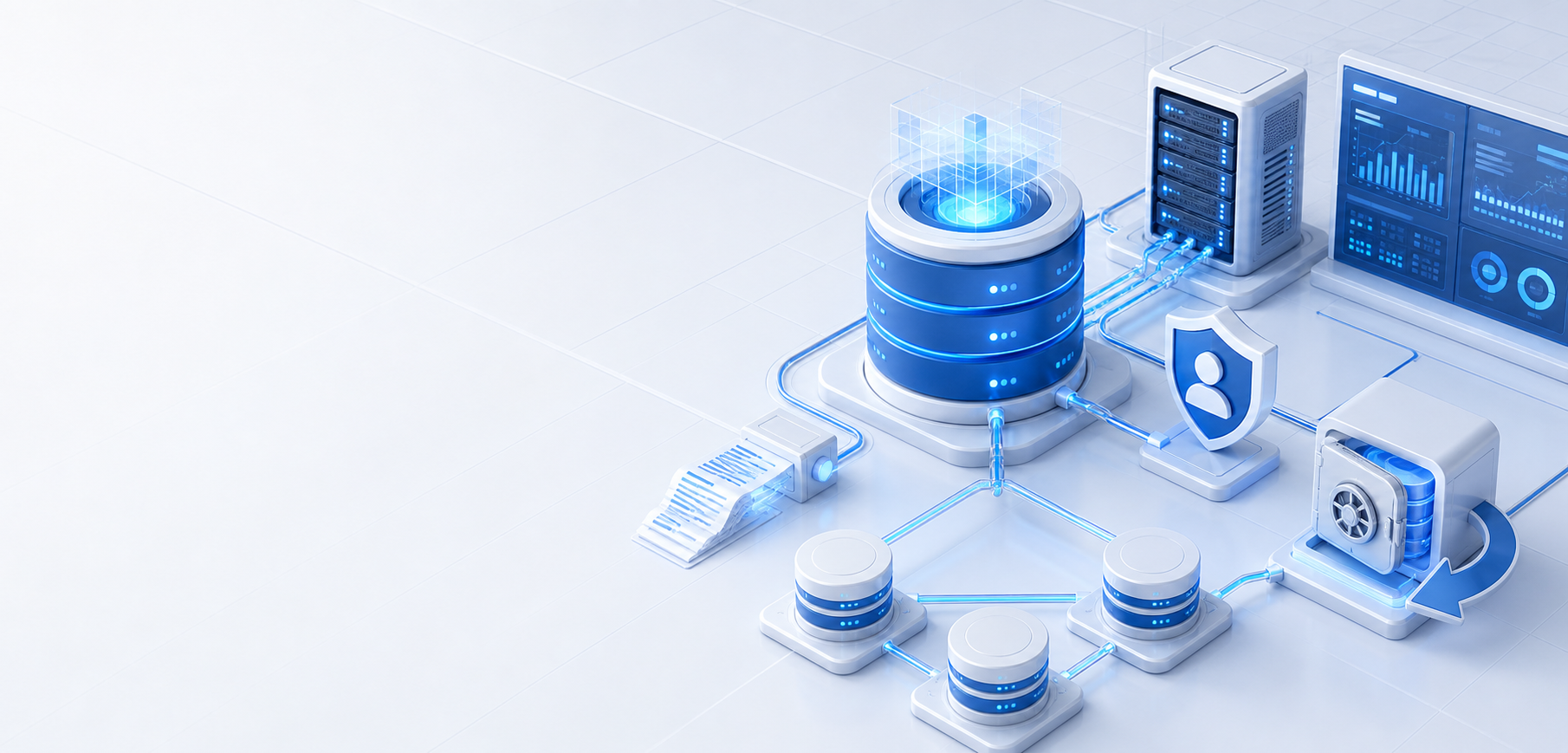 浅色企业数据库管理场景，PostgreSQL 风格的数据库核心与服务器监控、访问控制、备份恢复、WAL 和复制节点相连
